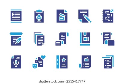 Conjunto de ícones de script. Cor duotônica. Ilustração vetorial. Contendo copywriting, script, transcrição, papyrus, rolagem, documentos, roteiro, arquivo, cenário.