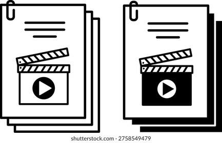 Script Icons. Line and Glyph Vector Icons. Sheets of Paper, Paperclip, Movie Clapperboard, and Play Button. Movie Script. Writing Concept