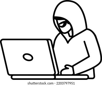Script Kiddie Working on laptop Concept, wardrivers vector line icon design, cyber-terrorism symbol, Cyberpunk Sign, security breakers stock illustration
