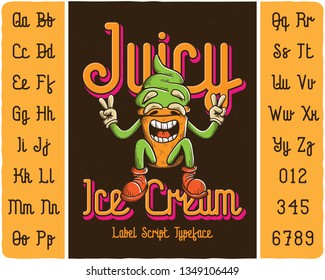 Script label font named Juicy Ice Cream. Funny logo typeface. Hand drawn illustration of the funny Ice Cream character.