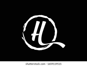 Script letter H  in a brush circle on black background, Monogram Calligraphy hand drawn alphabet initials and brush circle.