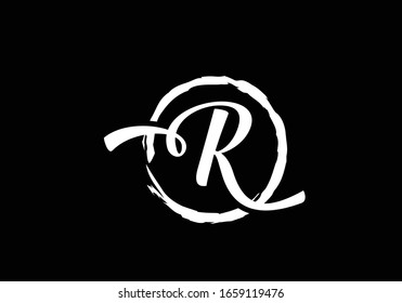 Script letter R  in a brush circle on black background, Monogram Calligraphy hand drawn alphabet initials and brush circle.