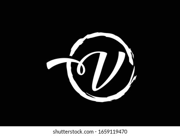 Script letter V  in a brush circle on black background, Monogram Calligraphy hand drawn alphabet initials and brush circle.