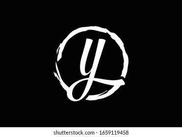 Script Letter Y  In A Brush Circle On Black Background, Monogram Calligraphy Hand Drawn Alphabet Initials And Brush Circle.