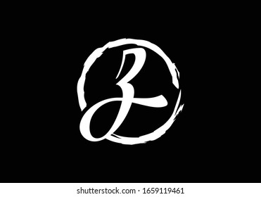Script letter Z  in a brush circle on black background, Monogram Calligraphy hand drawn alphabet initials and brush circle.