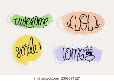 script lettering common words set. Words awesome, smile, LOL, OMG on texture backgrounds. Sticker collection.