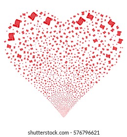 Script Roll fireworks with heart shape. Vector illustration style is flat red iconic symbols on a white background. Object stream created from confetti symbols.