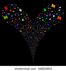 Script Roll fireworks stream. Vector illustration style is flat bright multicolored iconic symbols on a black background. Object double fountain created from random design elements.