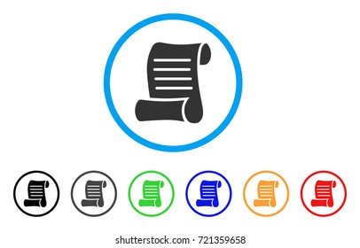 Script Roll rounded icon. Style is a flat script roll gray symbol inside light blue circle with black, gray, green, blue, red, orange versions. Vector designed for web and software interfaces.