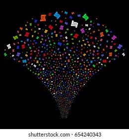 Script Roll salute stream. Vector illustration style is flat bright multicolored iconic symbols on a black background. Object fireworks fountain created from random symbols.