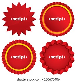 Script sign icon. Javascript code symbol. Red stars stickers. Certificate emblem labels. Vector