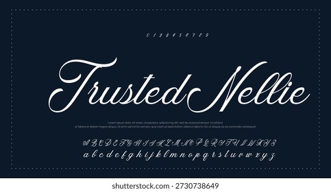 Script signature alphabet, elegant flowing letters, stylish cursive font for graceful branding, romantic headline, handwritten typography, timeless typographic design. Vector typeset