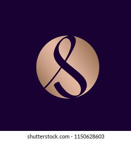 Script style letter s logo in a circular emblem.Rose gold metallic vector icon with hand drawn initial  S lettering isolated on royal blue background.