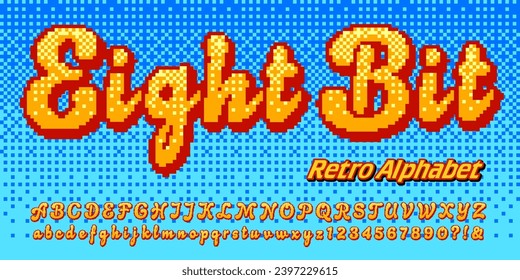 A script style red and yellow alphabet with a 1990s 8-bit console video game look