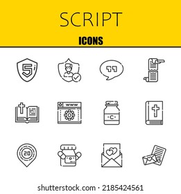 script vector line icons set. html, insurance and quotes Icons. Thin line design. Modern outline graphic elements, simple stroke symbols stock illustration