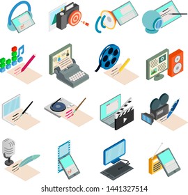 Script writer icons set. Isometric set of 16 script writer vector icons for web isolated on white background