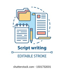 Script writing concept icon. Screenwriting, scriptwriting. Copywriting idea thin line illustration. Content creating. Article, essay writing. Vector isolated outline drawing. Editable stroke