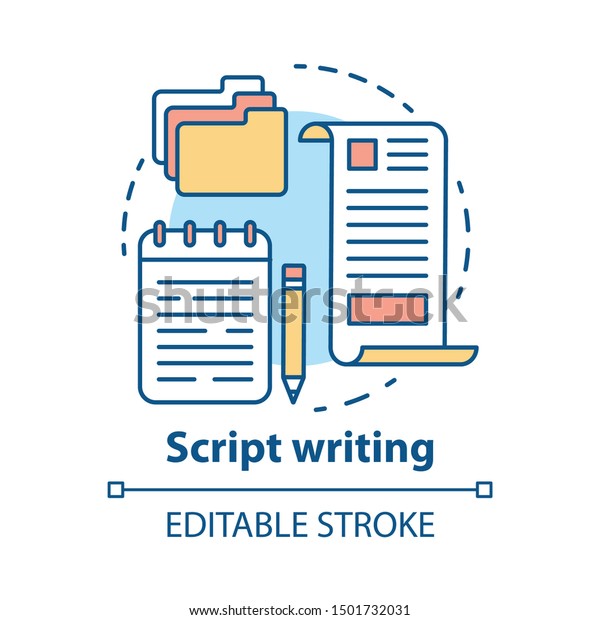 Script writing concept icon. Screenwriting,\
scriptwriting. Copywriting idea thin line illustration. Content\
creating. Article, essay writing. Vector isolated outline drawing.\
Editable stroke