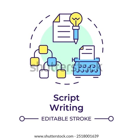 Script writing multi color concept icon. Storyboard, storytelling. Cinematography, screenwriting. Round shape line illustration. Abstract idea. Graphic design. Easy to use in infographic