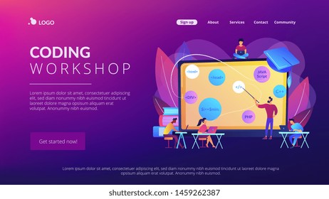 Script writing, software engineering. Coding workshop, code created workshop, online programming course, apps and games development class concept. Website homepage landing web page template.