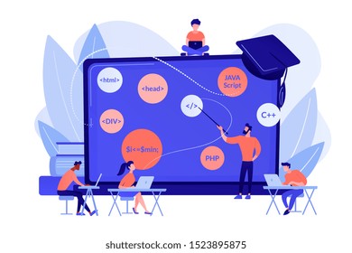 Script writing, software engineering. Coding workshop, code created workshop, online programming course, apps and games development class concept. Pinkish coral bluevector isolated illustration