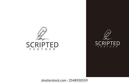 Logotipo de penas com script: design minimalista de pena de pena com uma assinatura florescer.