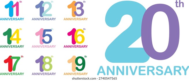 scription
celebrating anniversary multi colors number 11 12 13 14 15 16 17 18 19 20 on a white background with word th ANNIVERSARY.