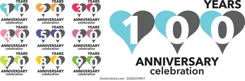 inscrição
conjunto de cor forma do coração número 10 20 30 40 50 60 70 80 90 e 100 com palavras ANIVERSÁRIO de anos celebração na parte inferior.
Categoria 
