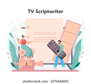 Scriptwriter concept. Playwright create a screenplay for a tv show or program. Author writing new scenario for a tv channel. Hollywood industry. Isolated vector illustration