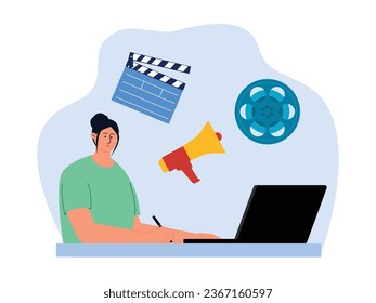 Scriptwriter creates a storyline for a film to be produced, editing with a laptop, film industry vector illustration.