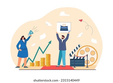 Scriptwriters asking for fair salary or pay vector illustration. Drawing of strike of scriptwriters and directors, man with typewriter sign. Protest, television or cinematography, society concept