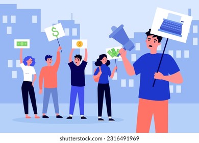 Scriptwriters protesting for fair salary vector illustration. Strike of protesters holding megaphone and banners with money. Strike of scriptwriters and directors, activism concept