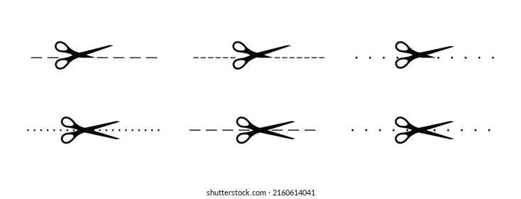 Scrissors cut along a dotted line mark icon set. Shear cutting paper or the cloth along the line with dash or dot border. Simple silhouette graphic design element collection. Vector flat illustation.