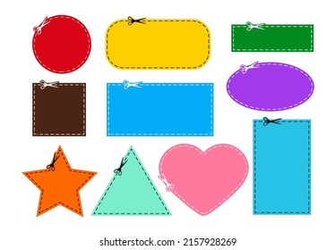 Scrissors Cut Coupon Dotted Line With Dash Icon Set. Shear Crop Round Circle, Sqaure, Star, Heart And Rectangle Shape Coupon For Holiday Gift Code Along The Guide Line Border. Vector Flat Illustation.