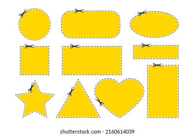 Scrissors Cut Coupon Dotted Line With Dash Icon Set. Shear Crop Yellow Round Circle, Sqaure, Star, Heart And Rectangle Shape Coupon For Gift Code Along The Guide Line Border. Vector Flat Illustation.