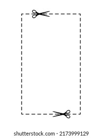 Scrissors schneiden Coupon auf gestrichelte Linie mit Bindesymbol. Der rechteckige Song Trim Quadrat Coupon oder Kinder schneiden Übungsseite entlang der Leitlinie mit Bindestrich oder Punktgrenze. Vektorflache Illustration.