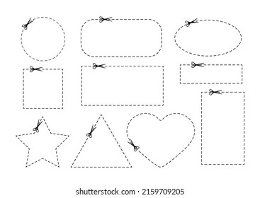 Scrissors cut dotted line with dash icon set. Shear trim circle, sqaure, star, heart shape coupon or kids cutting practice page along the guide line with dash or dot border. Vector flat illustation.