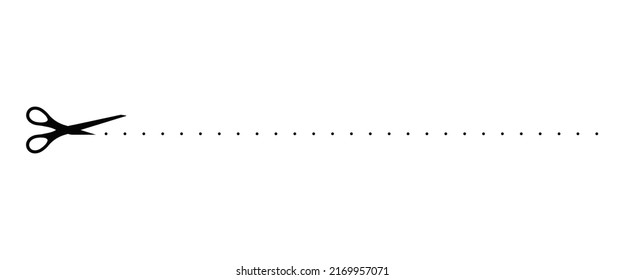 Scrissors cut dotted line with dash mark on paper icon. Shear crop paper coupon or the cloth along the line border. Simple silhouette graphic design element. Vector flat illustation.