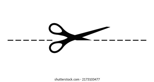 Scrissors cut dotted line with dash mark icon. Shear trim paper coupon or the cloth along the line border. Simple silhouette graphic design element. Vector flat illustation.