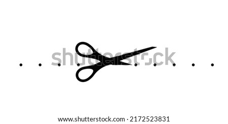 Scrissors cut dotted line with dot vector icon. Shear cutting paper coupon or the cloth label along the line with dot border. Simple crop silhouette graphic design element. Vector illustation.