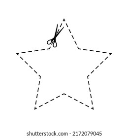 Scrissors cut dotted line star with dash icon. Shear trim star shape coupon or kids cutting practice page along the guide line with dash or dot border. Vector flat illustation.