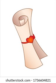 Scroll of aged yellowish paper tied with a ribbon with a seal in the form of a heart - vector full color picture. Love message folded into a scroll - Valentine.