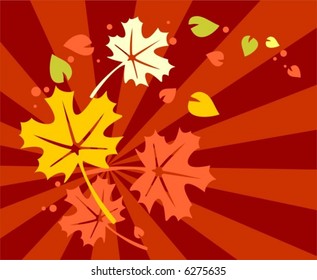 Scroll from autumn flying leaves on a striped background.