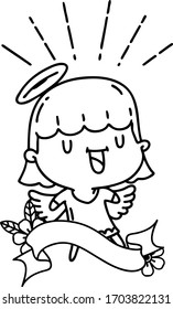 scroll banner with black line work tattoo style singing angel