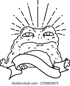scroll banner with black line work tattoo style toad character