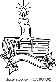 scroll banner with black line work tattoo style candle melting on book