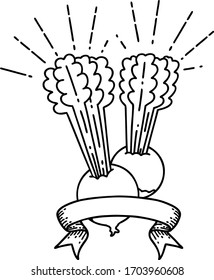 scroll banner with black line work tattoo style beets with leaves