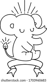 scroll banner with black line work tattoo style cute elephant