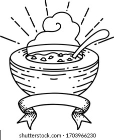 scroll banner with black line work tattoo style bowl of soup
