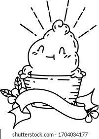 scroll banner with black line work tattoo style ice cream character